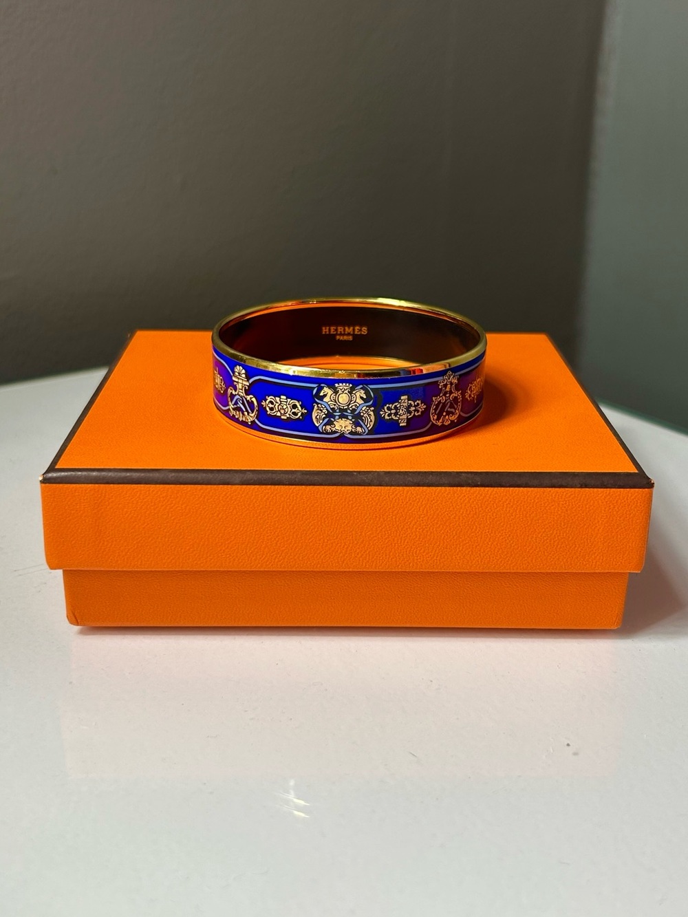 Hermes Emaille Blue Enamel Gold Plated Bangle Bracelet w/ Box